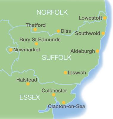 Map of area covered by Domextra water softeners of Ipswich - Suffolk, Norfolk & Essex